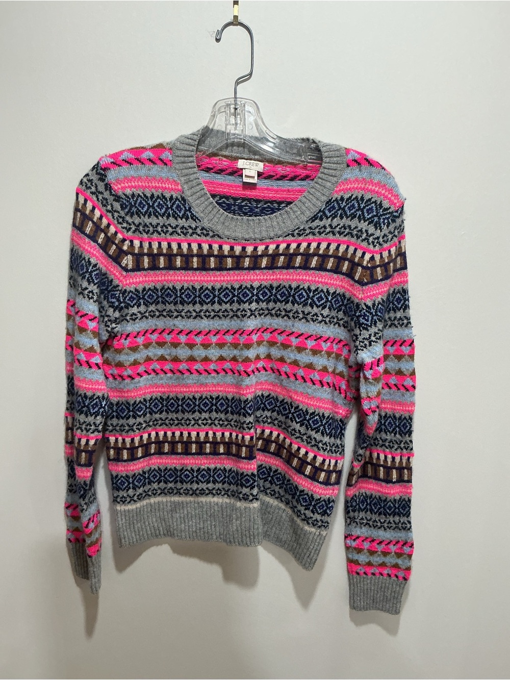 J. Crew Womens Gray & Pink Fair Isle Crewneck Sweater size large